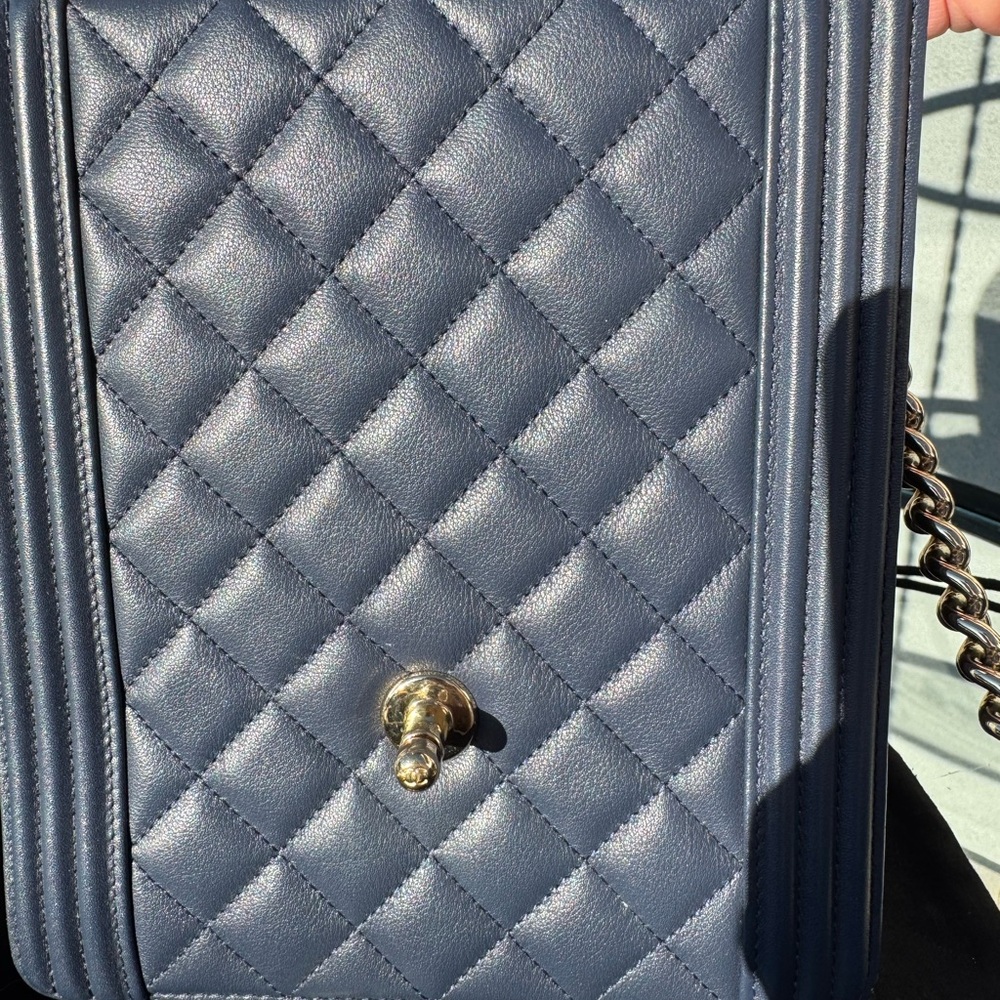 Chanel North South Boy Bag Midnight Blue Quilted Crossbody Bag Champagne Hardwar - Picture 8 of 15